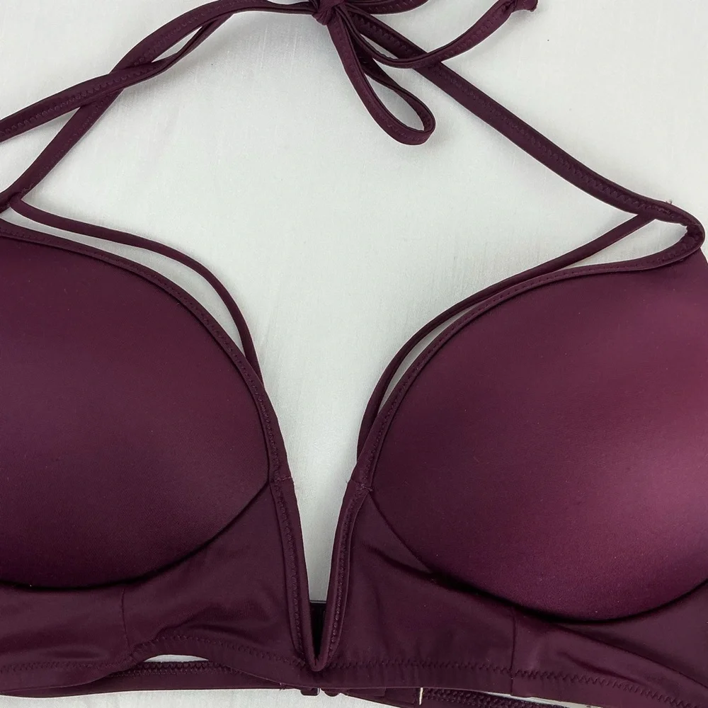 PINK Victoria Secret Plunge Bikini Top Size L Burgundy Halter